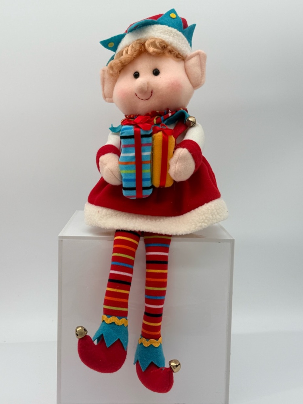 Holiday Elf Doll Plush in Red and Multicolor - Decorative Christmas Accent